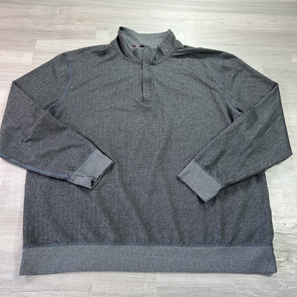 Tommy Bahama Sweater Mens 2XL Gray Herringbone Henley Mock Neck Knit Pullover